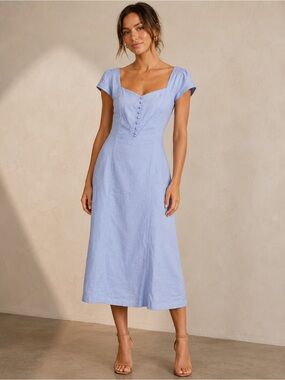 Anthropologie Light Blue Midi Dress Size M| Cap Sleeve Fitted Linen Blend  NWOT